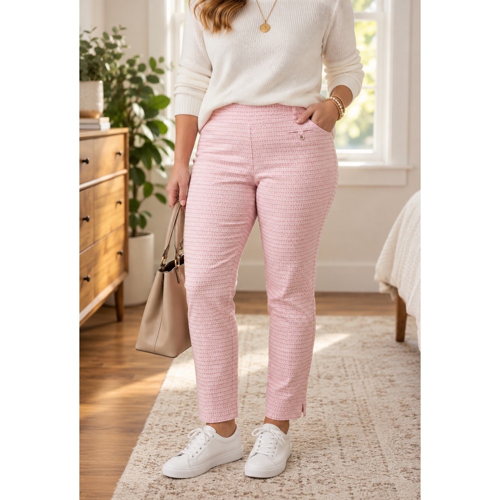 Attyre New York Pants Womens 14 Pink Geometric Pull On Stretch Ankle Slit Preppy